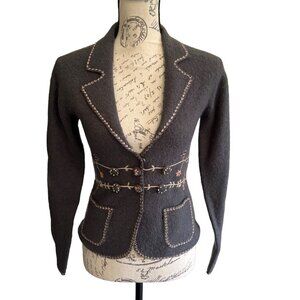 Lucidity Wool Blazer Grey Floral Embroidered Snap Button Pockets Boho Fairy S
